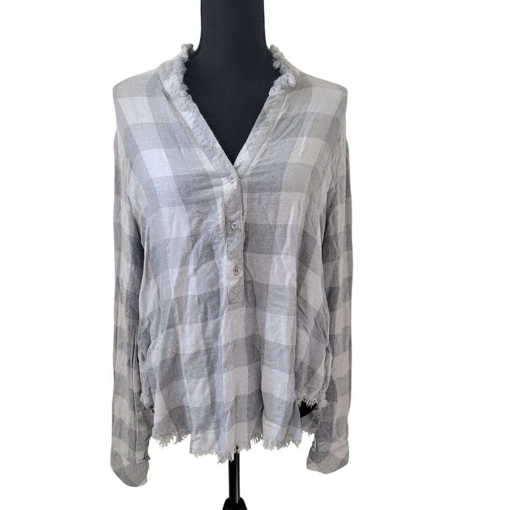 Cloth & Stone Flannel Buffalo Check Henley Long Sleeve Tunic Gray Raw Hem Large‎